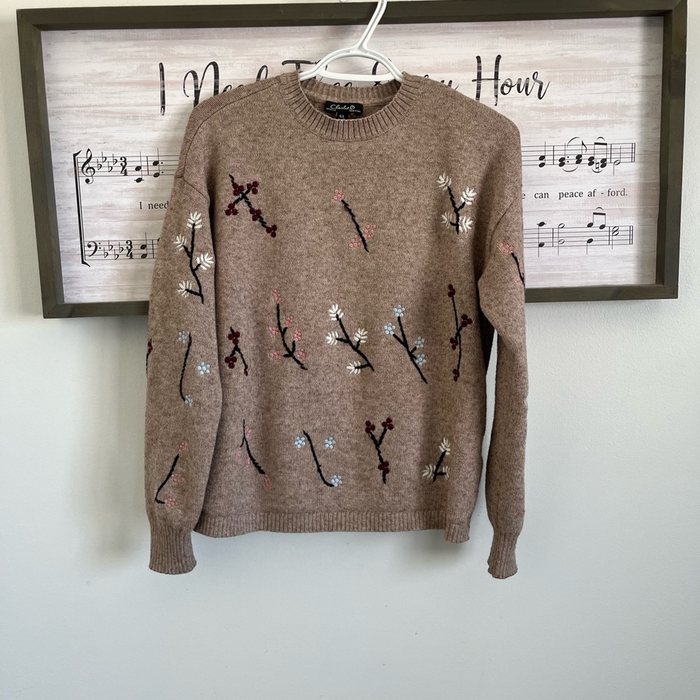 CHARLIE B Floral Embroidered Tan Sweater